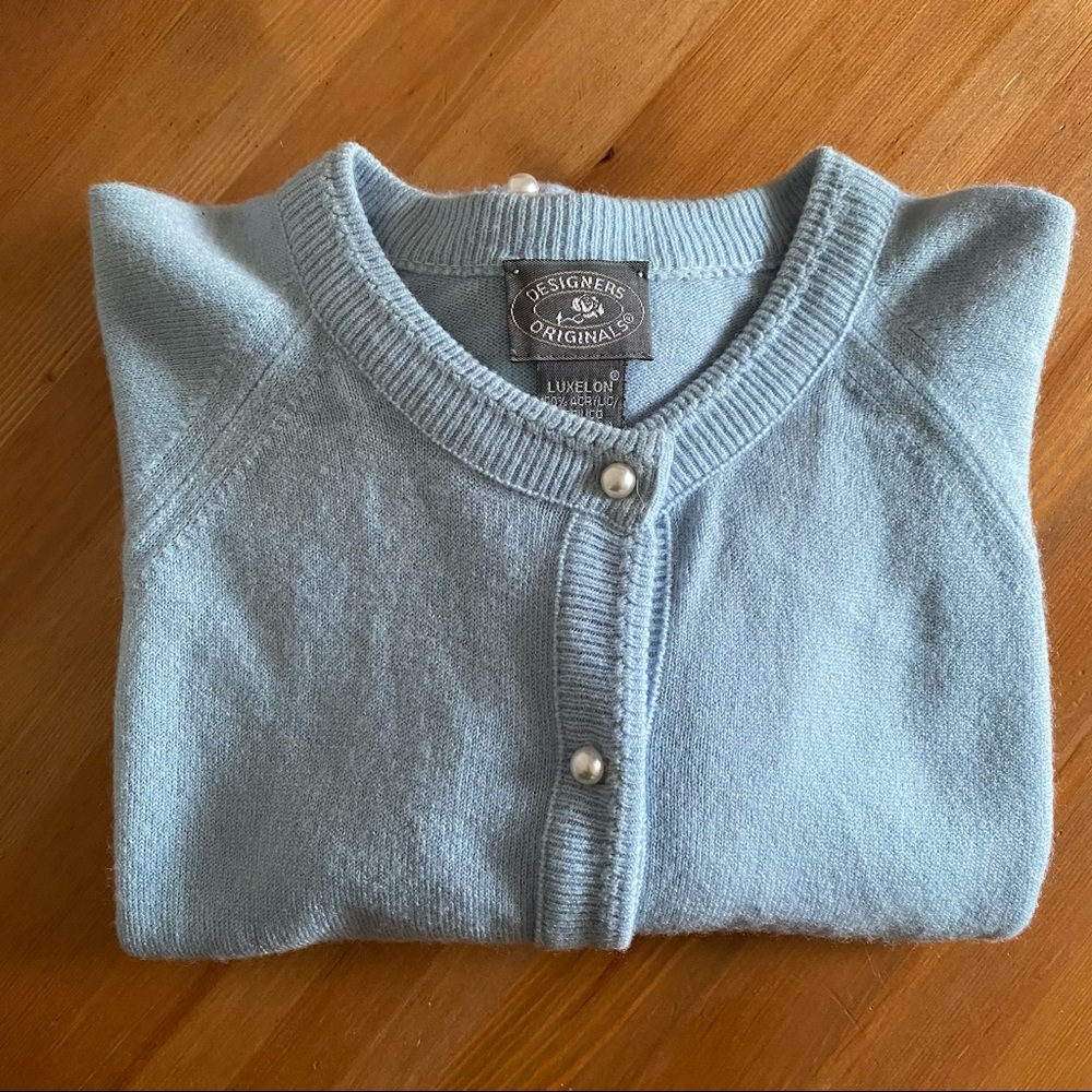 VINTAGE 80’s DESIGNERS ORIGINAL Sz L Baby Blue Cardigan Faux Pearl Buttons